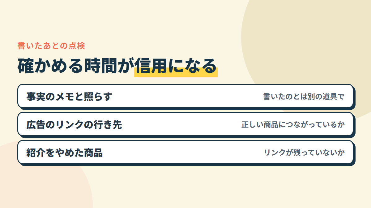 書いたあとの点検。事実のメモと下書きを照らす・広告のリンクの行き先を確かめる・紹介している商品の取り扱いが終わっていないか見る