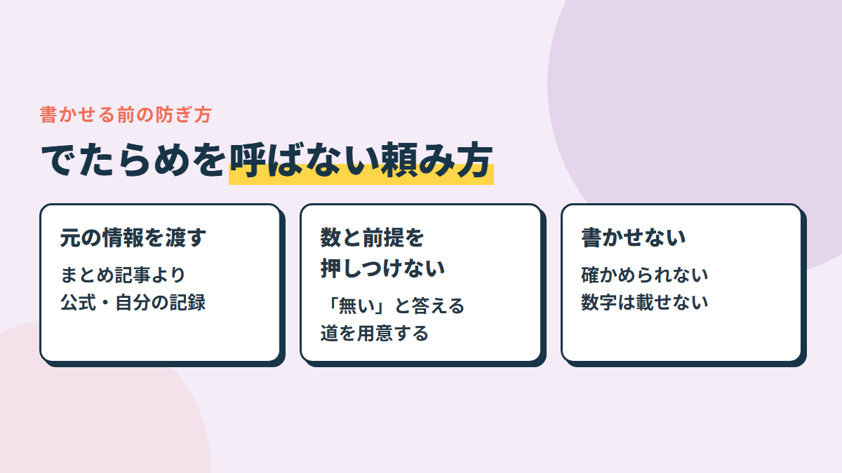 書かせる前の防ぎ方。元の情報を材料にする・数と前提を押しつけない・確かめられない情報は書かせない
