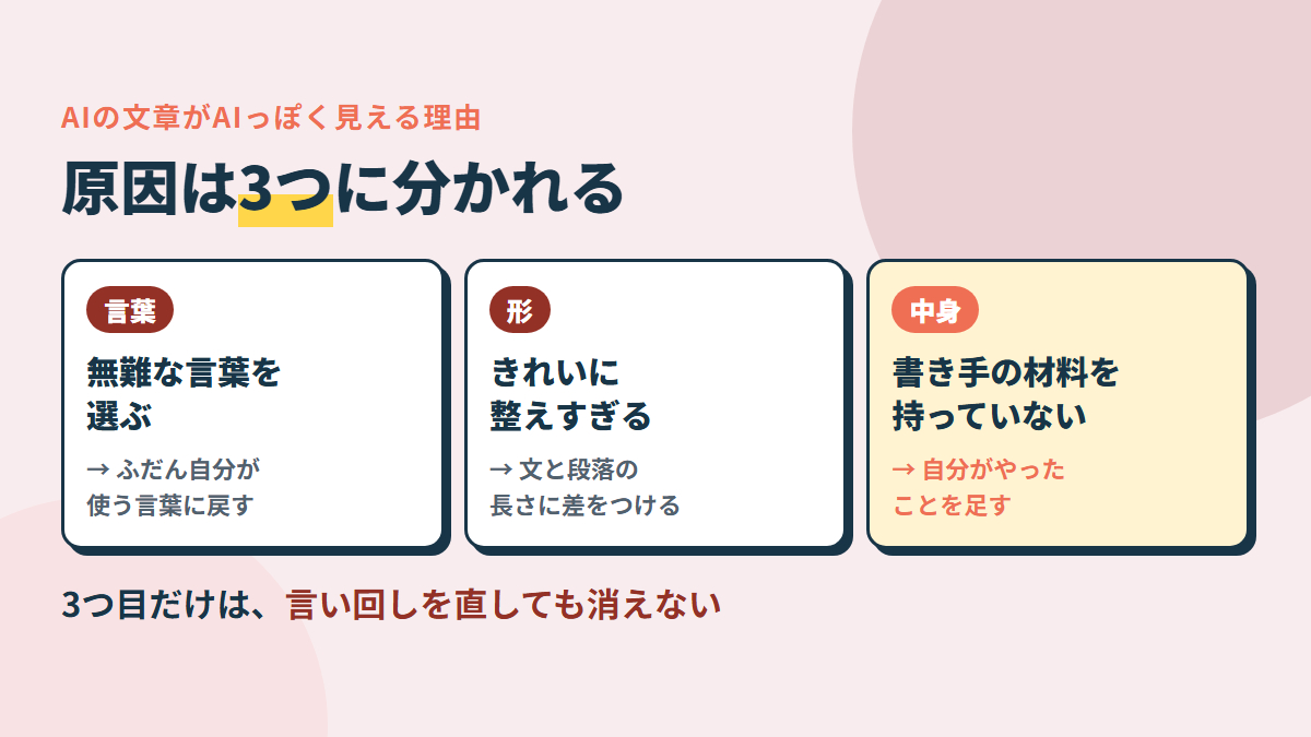 AIっぽく見える理由は3つ。無難な言葉を選ぶ・整えすぎる・書き手の材料を持っていない