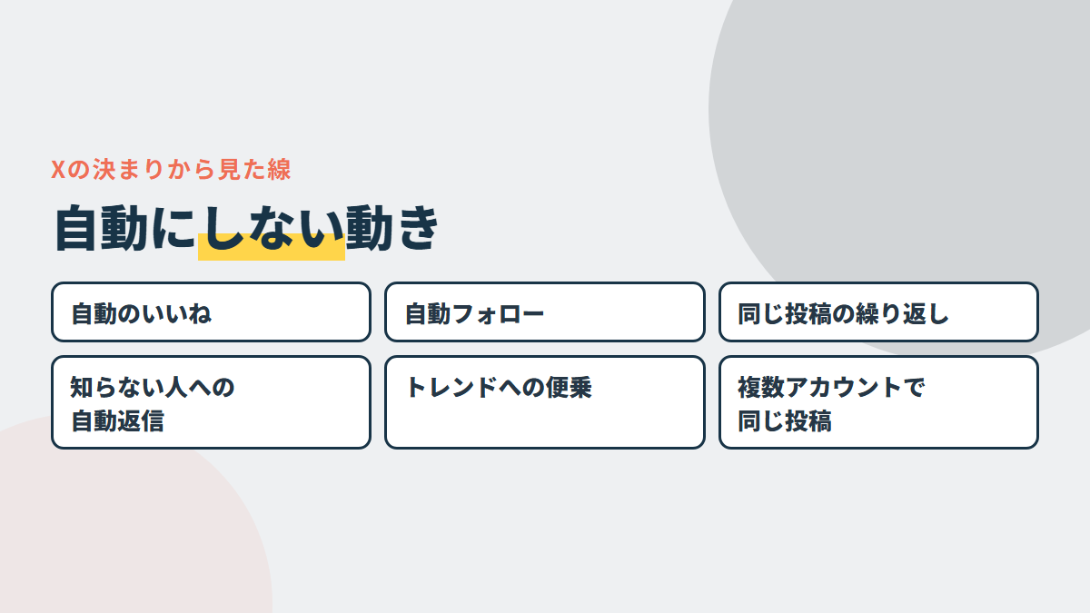 自動にしない動き。自動のいいね・自動フォロー・同じ投稿の繰り返し・知らない人への自動返信・トレンドへの便乗・複数アカウントで同じ投稿