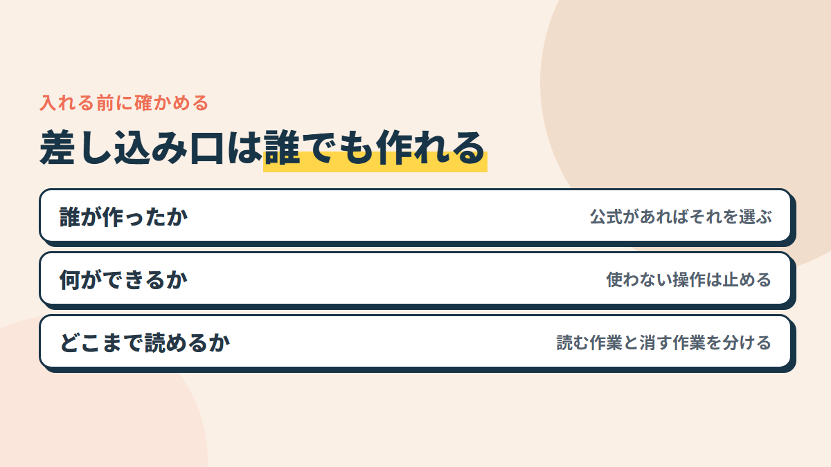 入れる前に確かめる3つ。誰が作ったか・何ができるか・どこまで読めるか