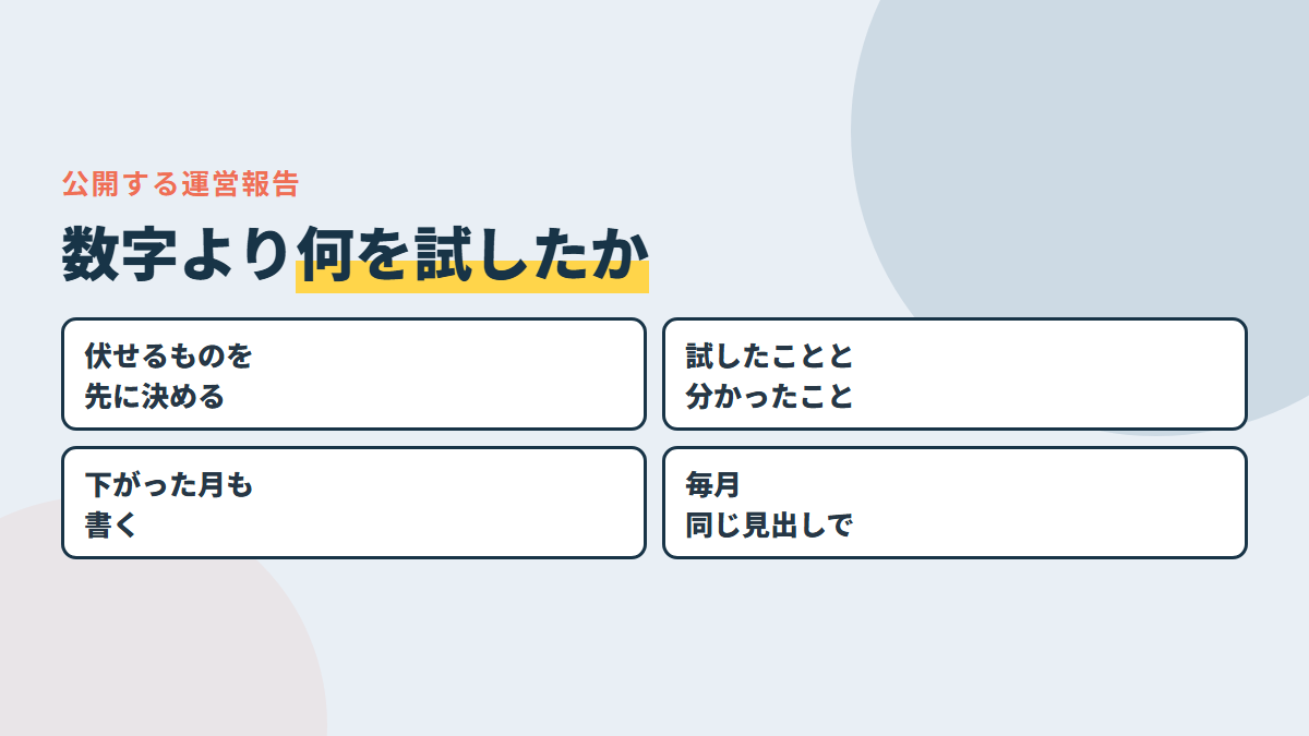 公開する報告は、伏せるものを伏せる・数字より試したことと分かったこと・失敗も書く・毎月同じ見出しで