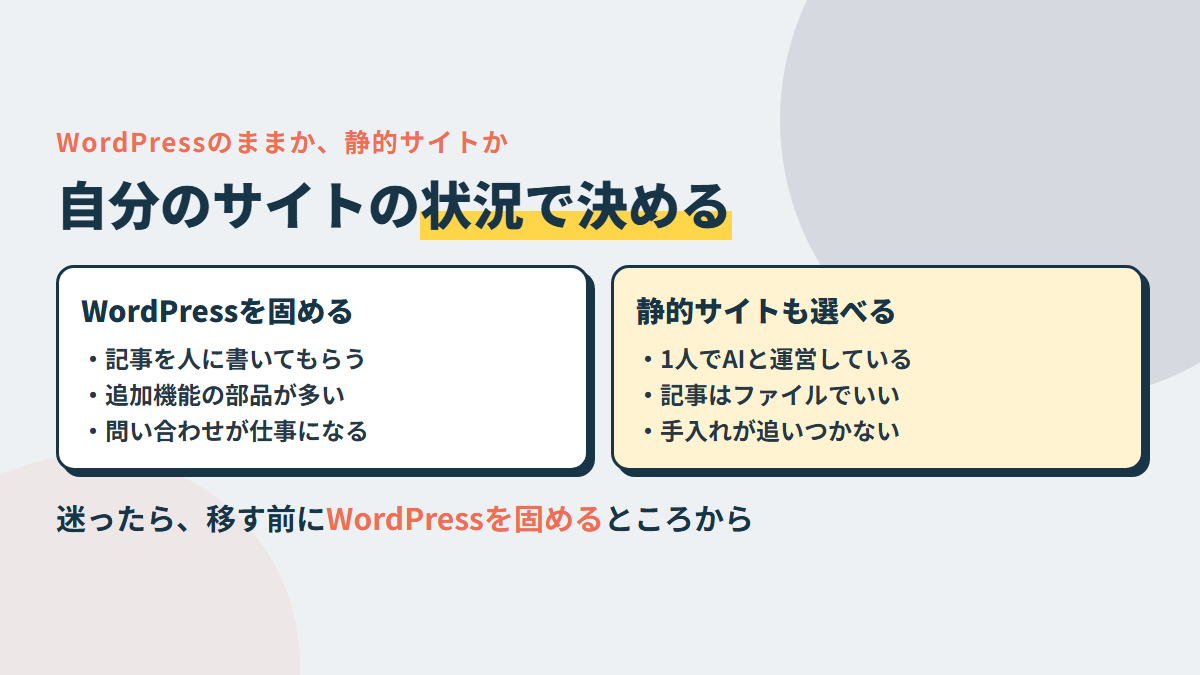 人に書いてもらう・追加機能の部品が多いならWordPressを固める。1人でAIと運営するなら静的サイトも選べる